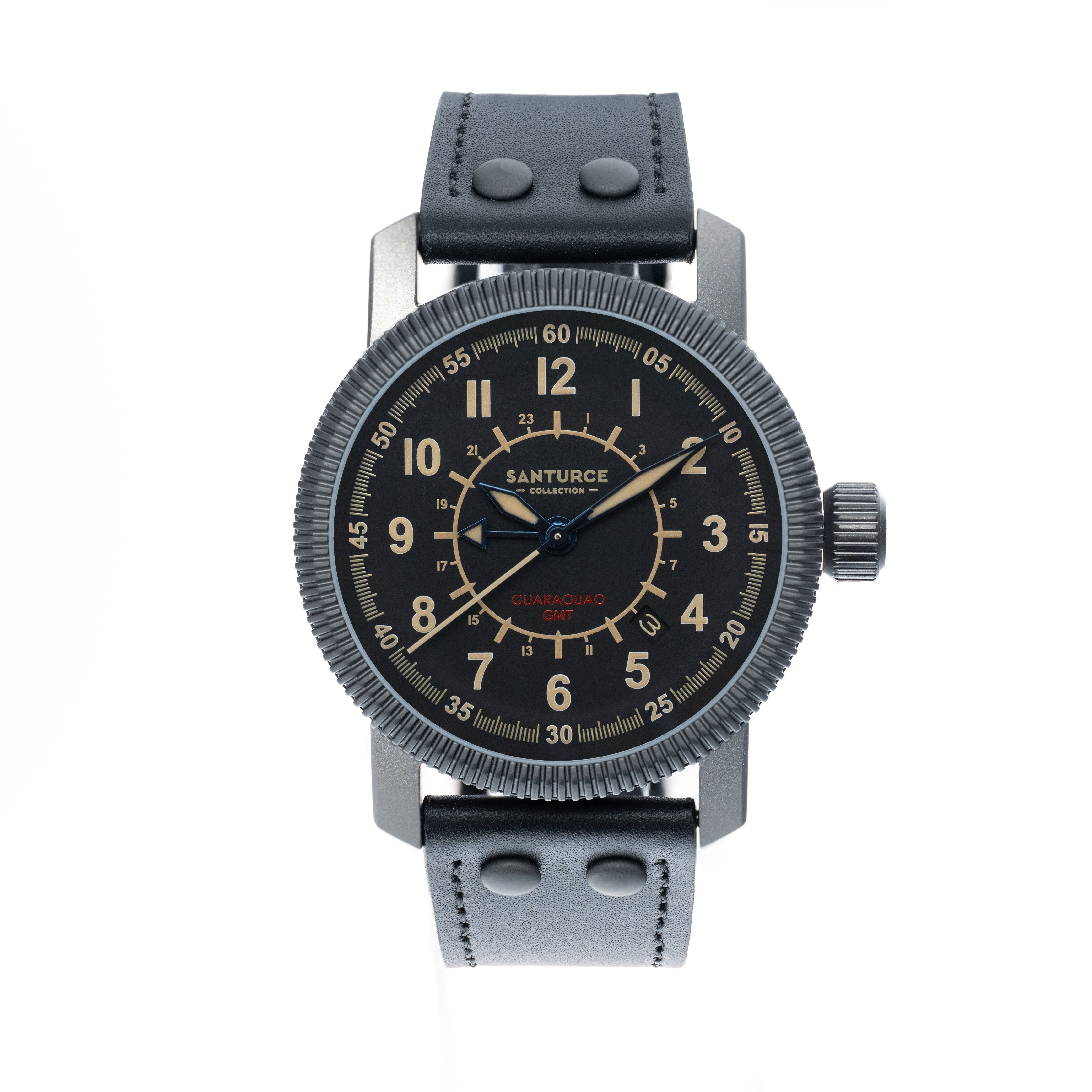 A Santurce GUARAGUAO GMT wristwatch with a black dial, black leather strap