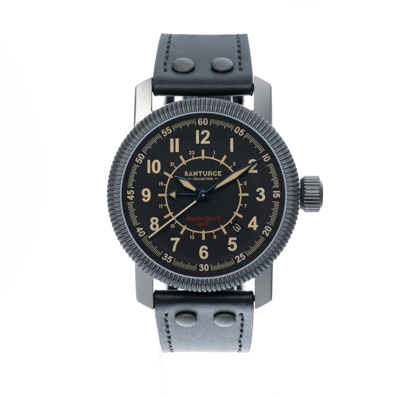 A Santurce GUARAGUAO GMT wristwatch with a black dial, black leather strap