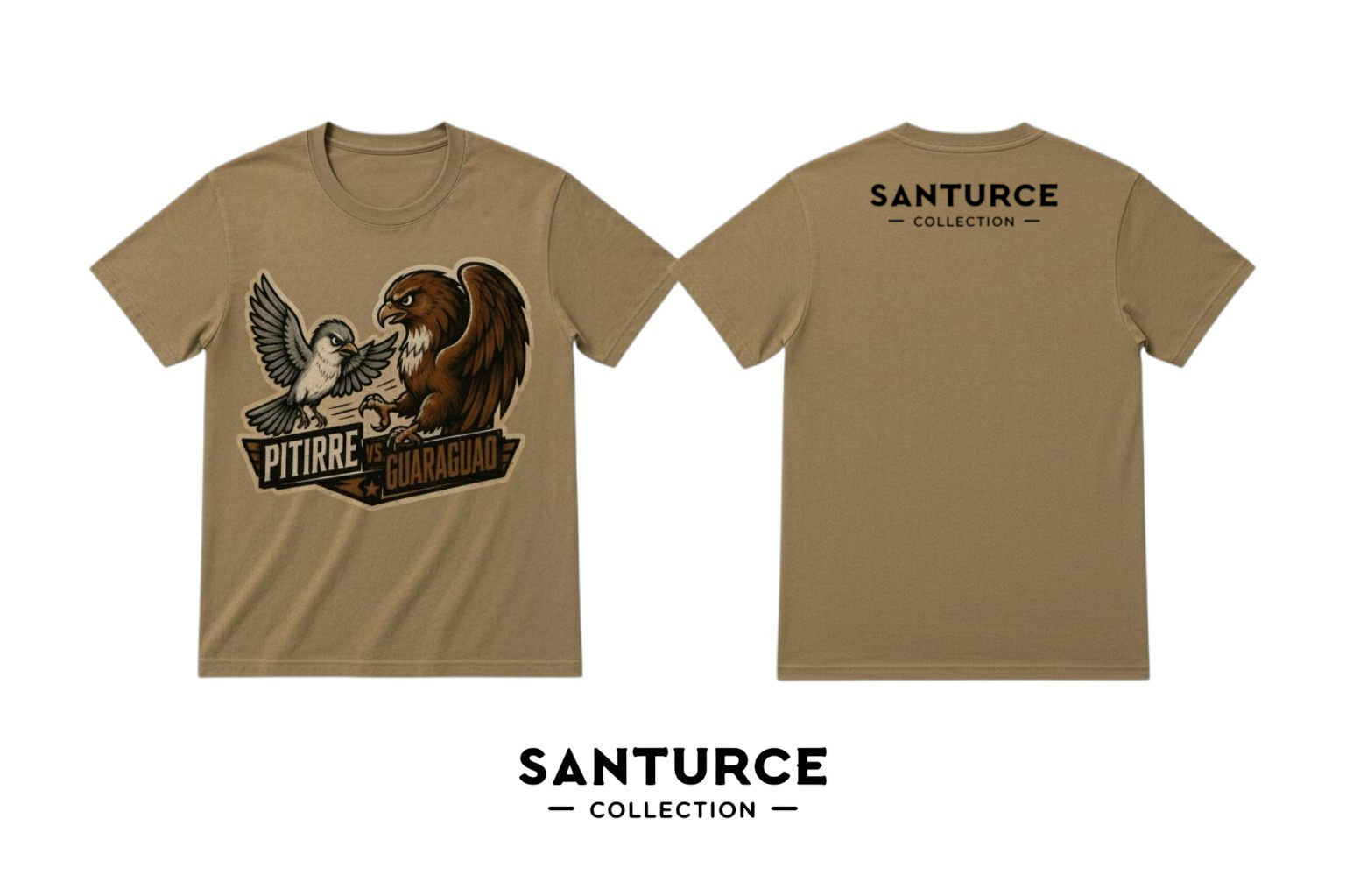 Pitirre vs. Guaraguao vintage-washed tan cotton T-shirt, front graphic